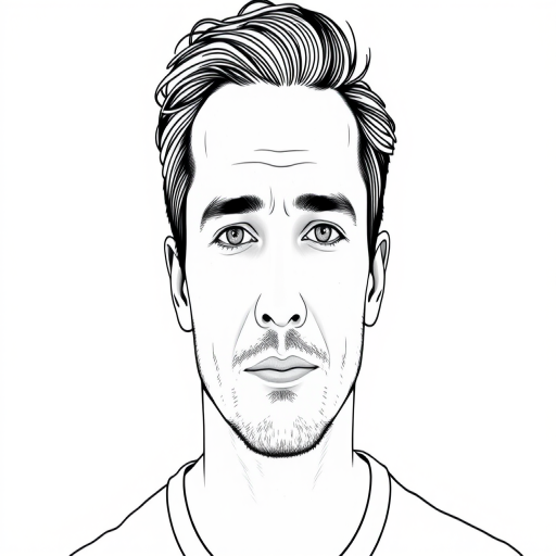 portrait of a man in a simplistic line art style, high resolution, 50mm lens, f/2.8, 1/125s shutter speed, soft natural lighting, frontal view, digital camera