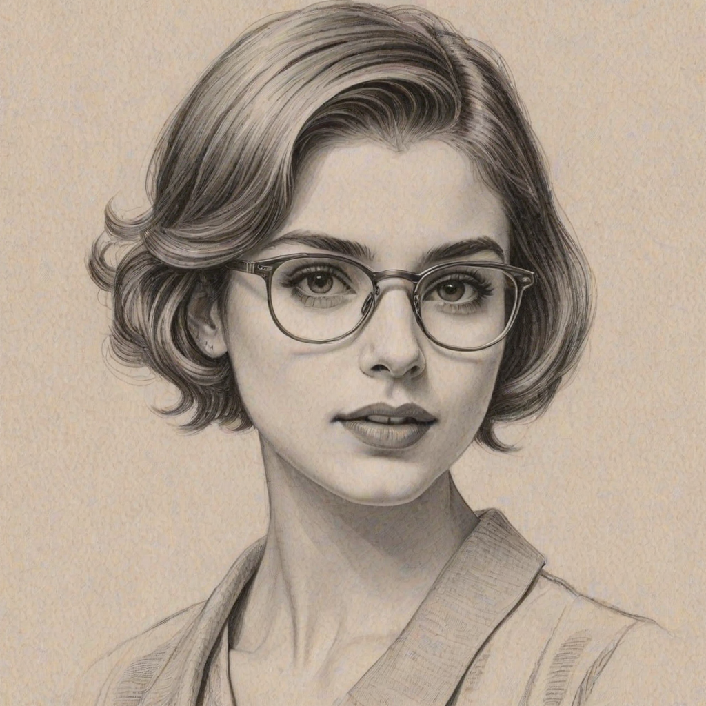 Lovely Sami Gayle, pencil sketch, portrait of Exquisite woman 1933s in glasses, hair style beatnik, outline, clear lines, fine lines, 8k