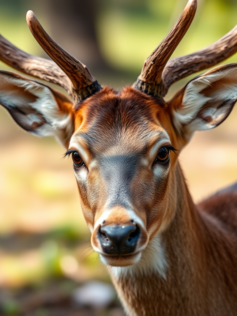 Capture a close-up of a deer with antlers in a natural setting, using a Canon EOS 5D Mark IV with a 50mm lens, aperture f/1.8, ISO 100, shutter speed 1/200s, natural lighting, shallow depth of field for improved focus on the deer.
