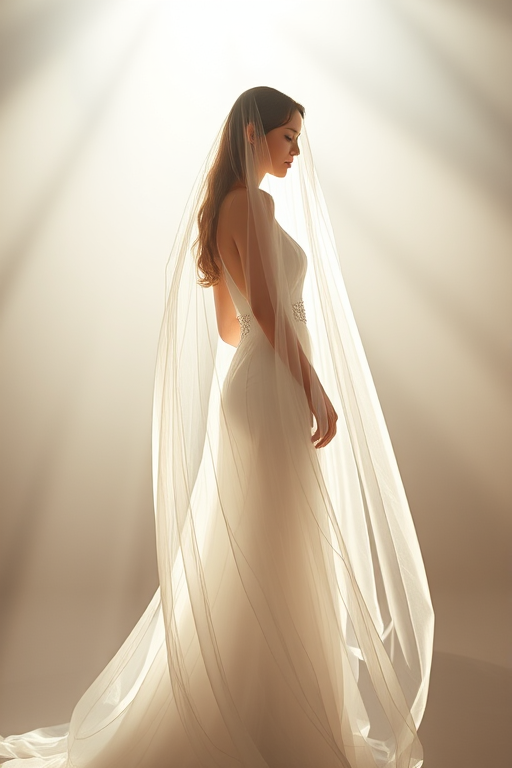Create an ethereal image of a person in a flowing, translucent white gown with long veil standing in soft light beams, captured with a Canon EOS R5, 50mm f/1.2 lens, aperture at f/1.8, ISO 100, with a backlit silhouette effect and high dynamic range for enhanced detail and softness.
