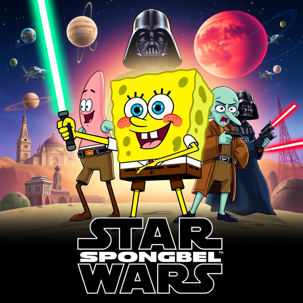 Create a parody of the Star Wars poster with SpongeBob as Luke Skywalker, holding a glowing spatula like a lightsaber. Patrick Star takes the role of Han Solo, holding a blaster, while Squidward is Obi-Wan Kenobi, draped in robes. In the background, Plankton appears as Darth Vader, with Bikini Bottom’s landmarks reimagined as spaceships and planets. The iconic Star Wars logo is swapped for "Sponge Wars," creating a playful, sci-fi adventure scene.