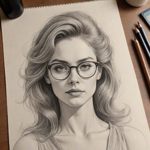 Gorgeous Lilith Czar, pencil sketch, portrait of Gorgeous woman 1976s in glasses, hair style beatnik, outline, clear lines, fine lines, 8k
