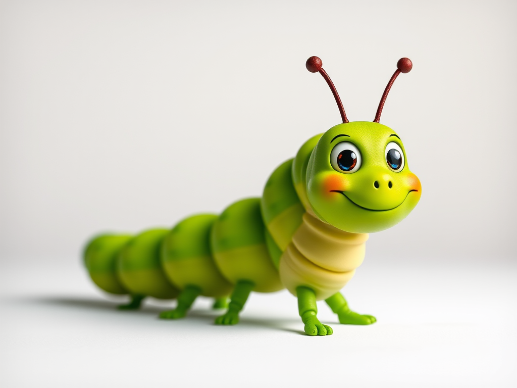 Create a vibrant cartoonish green caterpillar with a smiling face, set against a contrasting simple background, shot with a DSLR camera at f/2.8 aperture, 50mm lens, ISO 100, in soft natural light to enhance colors and details.