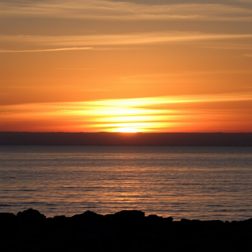 sunset over calm waters with a silhouetted rocky shoreline in the foreground, captured with a Canon EOS R5, 50mm lens, aperture f/1.8, ISO 100, shutter speed 1/200 sec, in landscape orientation for enhanced image quality