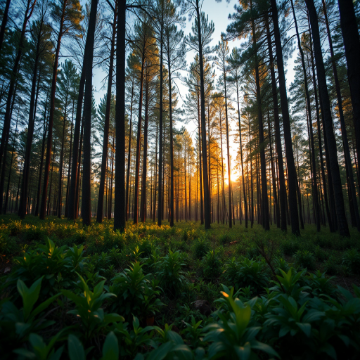 Generate a high-resolution image of a serene forest landscape during golden hour, focus on soft lighting with rich colors, f/2.8 aperture, ISO 100, 24mm lens, shot from a low angle to capture the details of the foliage, using a DSLR camera.