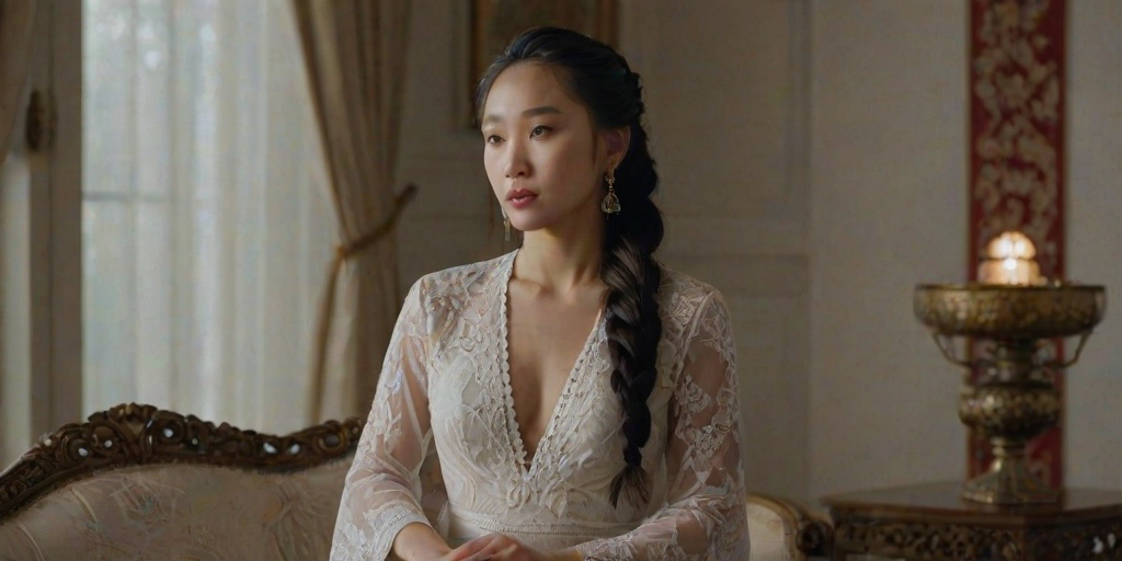 Create a portrait of a refined and elegant Mongolian woman seated in a sophisticated setting. She has long, wavy hair styled in two thick braids that are pulled over her shoulders. She wears a white, lace gown with intricate patterns, featuring a deep V-neckline and short sleeves. The dress exudes a vintage charm with its delicate lacework. She is adorned with ornate, dangling earrings that add a touch of glamour to her appearance. The background is softly lit, with warm, ambient lighting that creates a cozy and inviting atmosphere. Her expression is poised and serene, capturing a sense of grace and elegance.