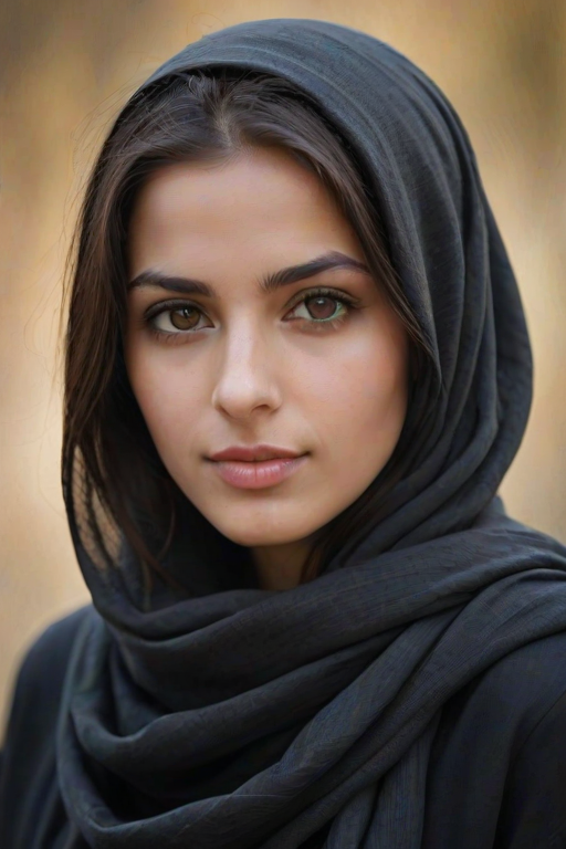 Create a portrait of a young Mizrahi woman with long, dark hair and captivating hazel eyes. She is wearing a black headscarf and a matching scarf draped gracefully around her neck. The background is softly blurred, focusing attention on her serene and natural expression. The overall color palette is muted and warm, enhancing the intimate and authentic feel of the portrait.