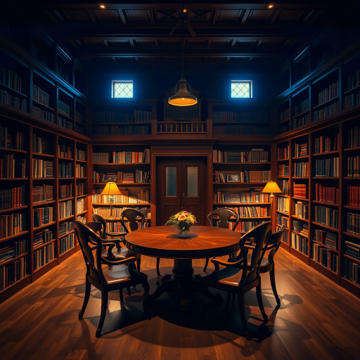 A cozy, dimly lit wooden library filled with bookshelves, a round wooden table at the center surrounded by elegant chairs, warm ambient lighting, captured with a Canon EOS R5, 35mm lens, f/1.8 aperture, ISO 200, soft focus effect.