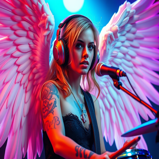 Create an image of a female drummer with angel wings, vibrant colors, dramatic lighting, emphasizing tattoos and headphones, shot with a DSLR camera at f/1.8 aperture, ISO 200, 50mm lens with a soft focus background and high contrast.
