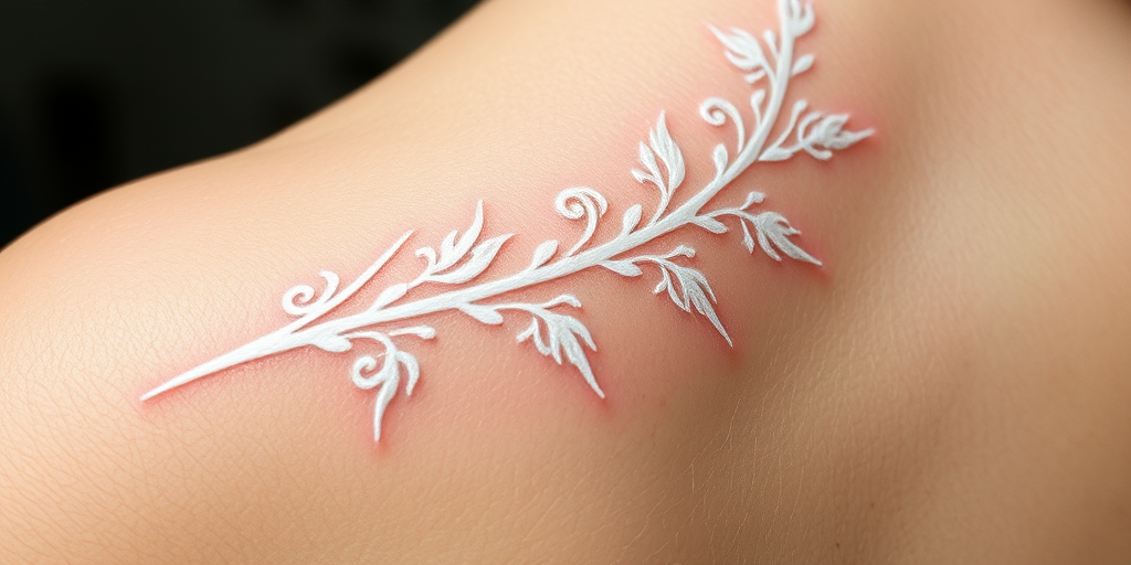 White ink tattoo dubbed "Ethereal Whisper" creating subtle designs that appear as raised scars or delicate lace-like patterns against the skin