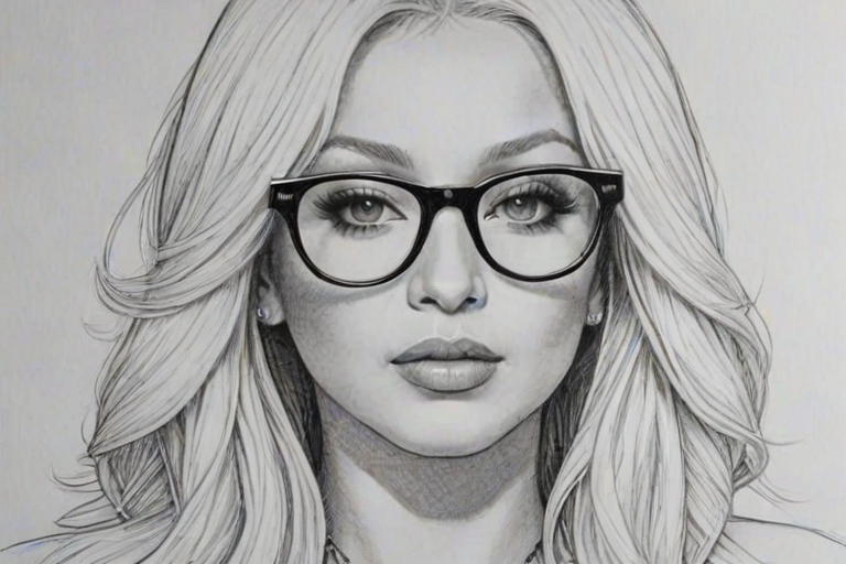 Sublime Christina Aguilera, pencil sketch, portrait of Radiant woman 1974s in glasses, hair style beatnik, outline, clear lines, fine lines, 8k