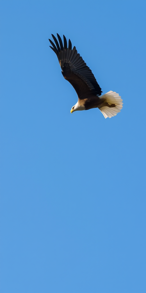 A soaring eagle in flight, high resolution, 50mm lens, f/4 aperture, ISO 200, natural lighting, captured from a low angle, with a clear blue sky as the background.