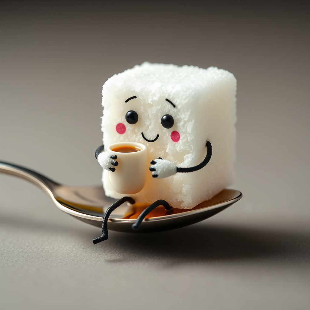A sugar cube with a face and legs, sitting on a spoon and sipping a tiny cup of coffee.