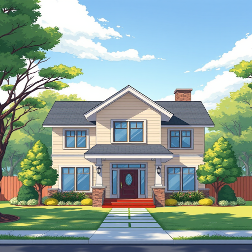 Create a detailed illustration of a modern house with a welcoming entrance, surrounded by lush trees and a clear sky, shot in a high-resolution format using a DSLR camera at f/8 aperture, 24mm focal length, 1/200 sec shutter speed, ISO 100, in daylight for vibrant colors and sharp details.