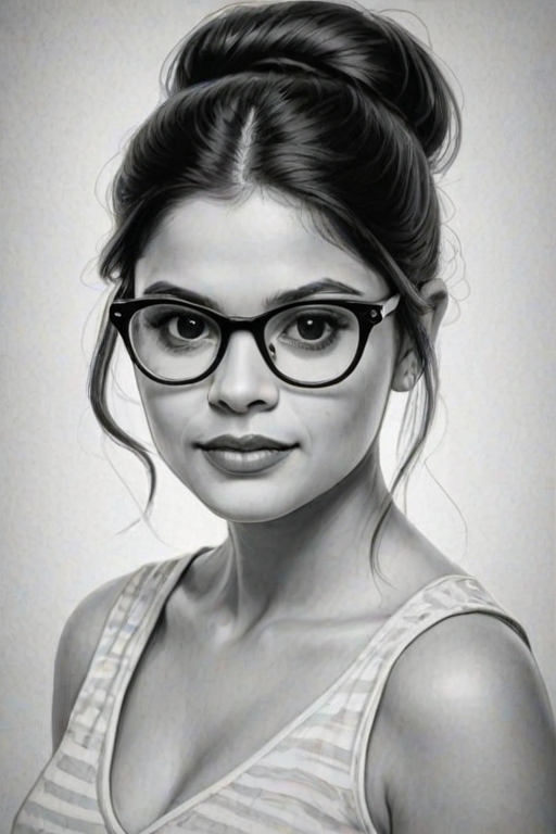 Charming Melonie Diaz, pencil sketch, portrait of Wonderful woman 1958s in glasses, hair style beatnik, outline, clear lines, fine lines, 8k