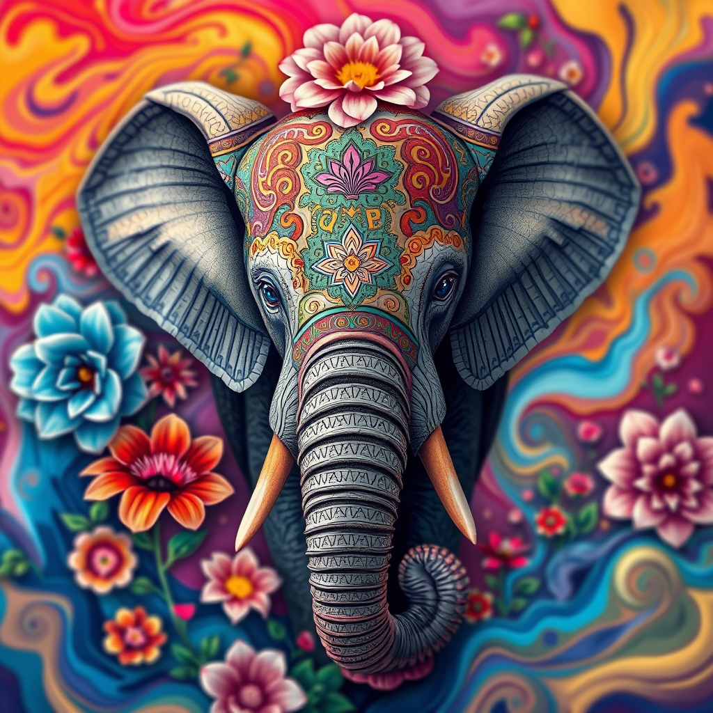 an intricately detailed elephant surrounded by vibrant flowers and swirling colors, shot with a Canon EOS R5 at f/4.0, ISO 100, 50mm lens, using a soft focus style for a dreamy effect