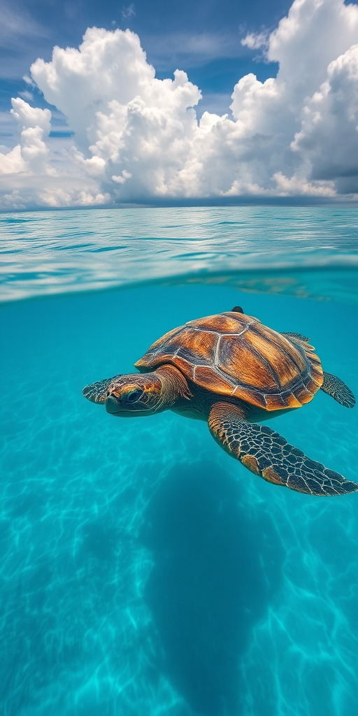 A giant tortoise swimming in clear blue water with a person standing on its back, dramatic clouds in the sky, shot with a Canon EOS 5D Mark IV, 50mm lens, f/8 aperture, ISO 100, HDR style, aerial view, vibrant colors.