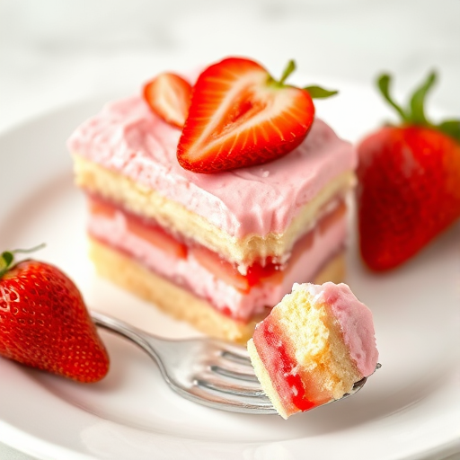 A slice of layered strawberry dessert with a pink whipped topping sitting on a white plate next to a fresh strawberry and a fork with a bite taken out of the slice, soft focus background.