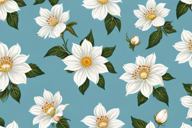 create a repeating floral pattern with white flowers and blue centers on a light blue background
