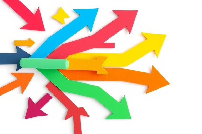 colorful arrows in various directions with a white background, high resolution, ISO 100, f/8 aperture, 50mm lens, shot from a top-down perspective, digital illustration style