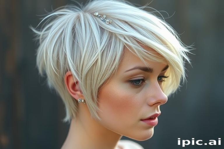 Ethereal platinum blonde pixie cut with delicate silver streaks, created by Celeste Moonbeam, showcasing wispy bangs and textured layers, adorned with iridescent glitter and tiny crystal hair pins