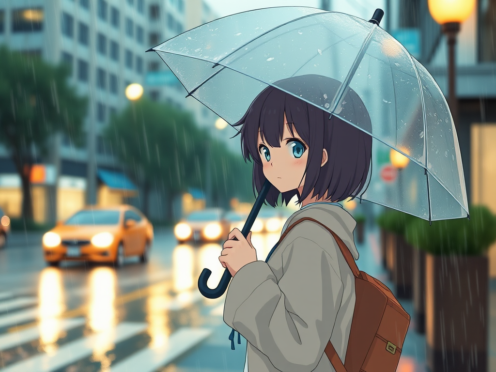 anime character holding an umbrella in the rain on a city street, soft focus, warm color palette, camera settings: f/2.8, ISO 400, 50mm lens, camera style: cinematic, camera type: DSLR