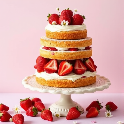 A three-tiered cake with layers of cream and strawberries decorated with fresh strawberries and tiny white flowers on top placed on a vintage cake stand with a light pink background and scattered strawberries and flowers around the base