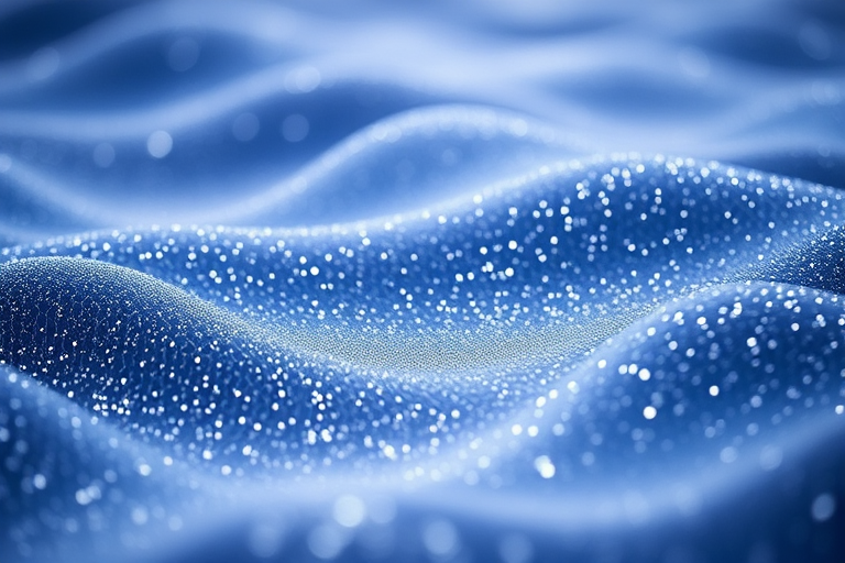 Generate an ethereal landscape of sparkling, wave-like forms reminiscent of cosmic dust, captured with a Canon EOS R5, 50mm f/1.2 lens, ISO 200, f/2.8, 1/125s, using a soft focus style to enhance the depth and clarity of the shimmering particles.