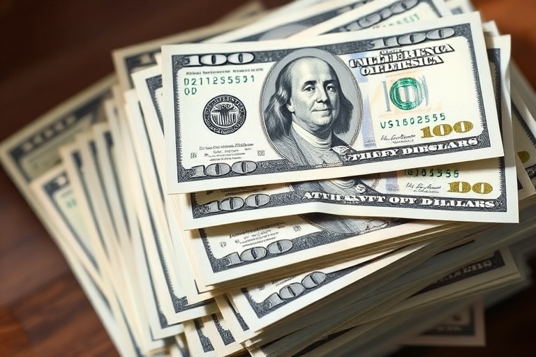 high-resolution image of stacked hundred-dollar bills arranged neatly, focus on texture and details, lighting from the left for soft shadows, camera settings: ISO 100, f/8, shutter speed 1/125s, camera view: top-down, camera style: macro photography, camera type: DSLR