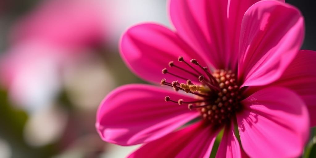 Capture a close-up of a vibrant pink flower against a softly blurred background, using a DSLR camera with a 50mm f/1.8 lens, aperture set to f/2.8, shutter speed at 1/250s, ISO 100, natural lighting, emphasizing the delicate petals and contrasting colors.