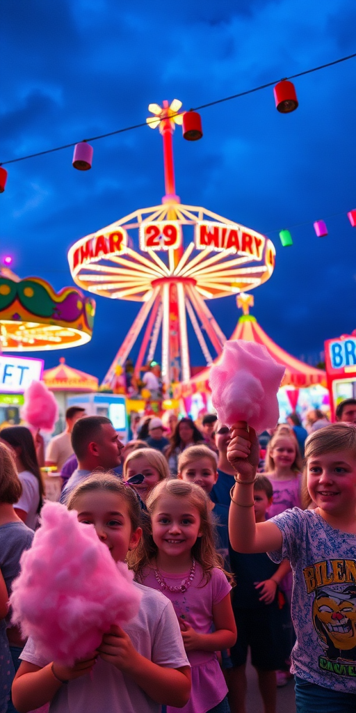 Vibrant carnival scene, with colorful rides and games, children excitedly clutching cotton candy, and festive lights illuminating the night sky, creating an atmosphere of joy and celebration.