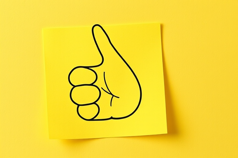 Create a vibrant illustration of a hand giving a thumbs-up gesture on a bright yellow sticky note, using a Canon EOS 5D Mark IV, 50mm lens, f/2.8 aperture, 1/100s shutter speed, and natural lighting for enhanced contrast and clarity.