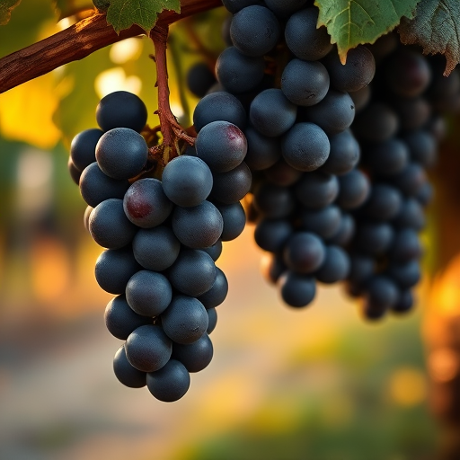 Capture a close-up shot of ripe black grapes hanging from the vine with a shallow depth of field, using a DSLR camera with a 50mm lens at f/2.8, ISO 100, and a golden hour lighting to enhance color richness and texture.