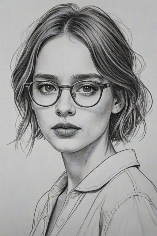 Magnificent Maya Hawke, pencil sketch, portrait of Enticing woman 1969s in glasses, hair style beatnik, outline, clear lines, fine lines, 8k