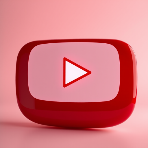 A glossy red YouTube logo with a white play button centered, shot with a Canon EOS R5 at f/2.8, ISO 100, 50mm lens, in a studio setting with soft diffused lighting and a gradient background for depth.
