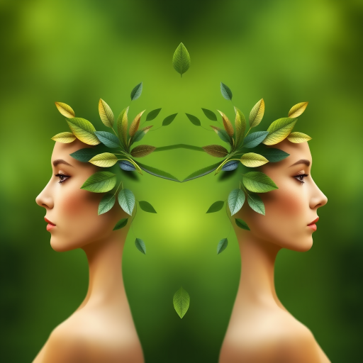 Create a symmetrical design featuring two human faces in profile, with flowing leaf patterns merging into their hair, set against a soft green background, captured with a DSLR camera at f/8, ISO 100, 50mm lens, natural lighting for enhanced clarity and detail.