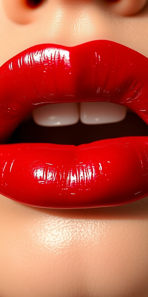 Luscious ruby-red lips with a glossy finish, perfectly shaped and plump, reflecting light beautifully, showcasing the rich depth of color and smooth texture