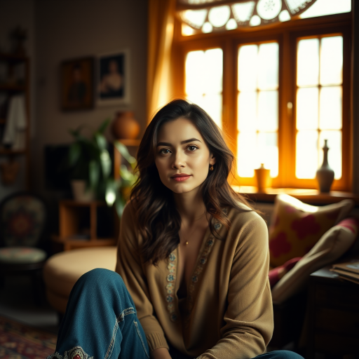 Portrait of a woman sitting in a bohemian-style room with natural light, soft focus, aperture f/2.8, shutter speed 1/125s, ISO 100, shot with a DSLR camera, 50mm lens, warm color tones.