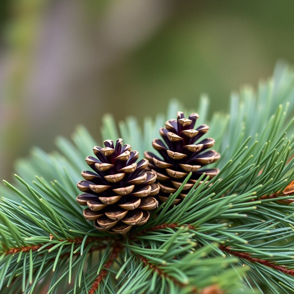 Create a high-resolution image of two pinecones surrounded by green pine needles with a soft focus background, using a DSLR camera at f/2.8 aperture, 50mm focal length, and natural lighting for enhanced detail and depth.