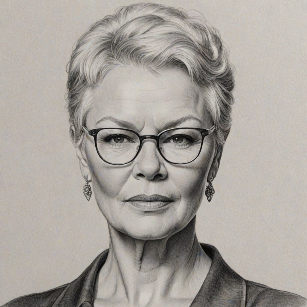 Ravishing Judi Dench, pencil sketch, portrait of Graceful woman 1936s in glasses, hair style beatnik, outline, clear lines, fine lines, 8k