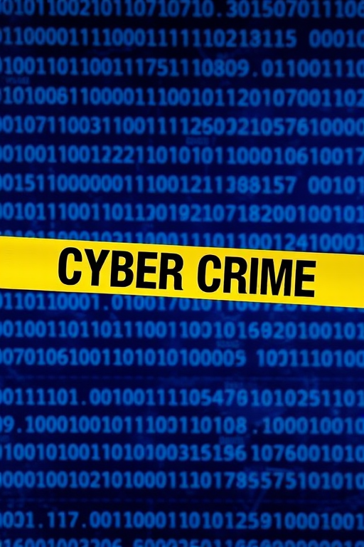Create an image featuring a yellow police tape marked "CYBER CRIME" over a blue background with binary code; use a DSLR camera set to f/5.6, ISO 100, and a 50mm lens for sharp focus, with a slight vignette effect for depth.