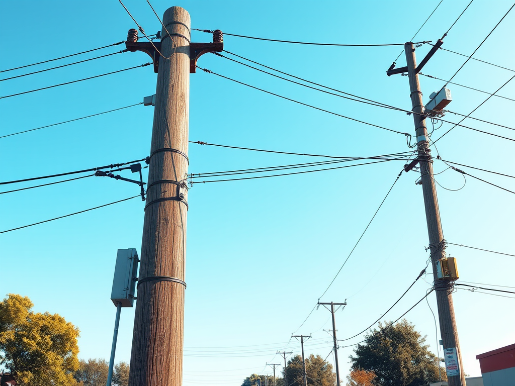 Create a high-resolution digital illustration of two utility poles with power lines, using a wide-angle lens, f/11 aperture, ISO 100, shot in natural daylight, with a clear blue sky background and high contrast for enhanced details.