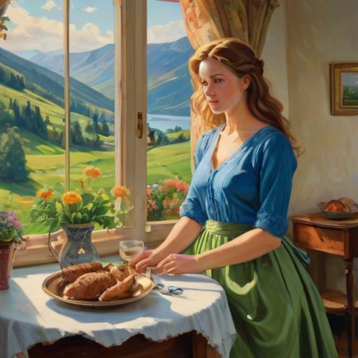In "A Glass of Beer on the Highland," a serene scene is depicted in a sunlit room where a woman in a vibrant blue dress stands by a large window. She holds a tray with a hearty meal and a frothy glass of beer, embodying a moment of relaxation. Outside, the breathtaking highland landscape features rolling green hills and a charming traditional house, all bathed in warm afternoon light. The interior is adorned with potted plants, creating a harmonious blend of comfort and nature. The painting beautifully captures the tranquility and joy found in simple pleasures amidst stunning scenery