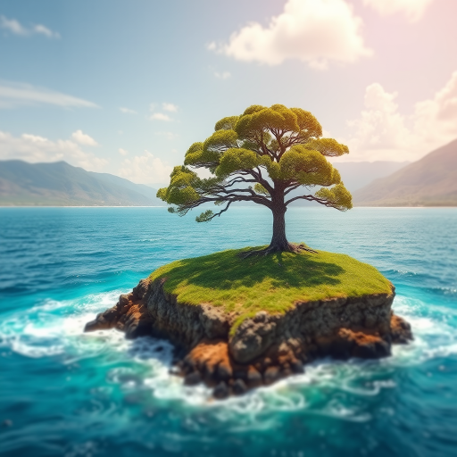 Create a vivid landscape of a large tree growing on a small island shaped like Earth, surrounded by vibrant ocean waves and mountains in the background during a sunny day, using a DSLR camera with a 24mm lens at f/8, ISO 100, and a soft focus effect for detail enhancement.