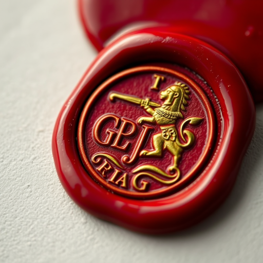 high-resolution close-up of a red wax seal with a gold embossed coat of arms featuring a knight and initials G and J, captured with a DSLR camera using a 50mm lens at f/2.8, ISO 100, and 1/200 sec shutter speed, natural light with a soft focus background