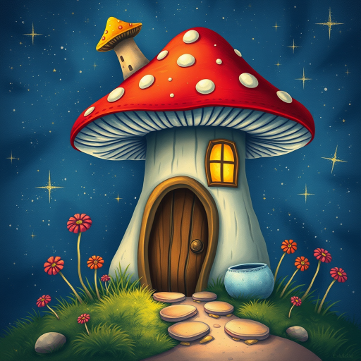 this photo is illustration of a mushroom house with a door and a window, a storybook , fantasy art, mushroom house, bg starry sky, sparkles