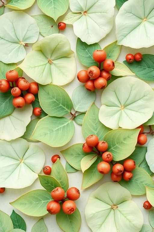 Create a high-resolution floral pattern featuring soft green watercolor shapes with various leaves and berries, shot with a DSLR camera at f/2.8, 1/125s, ISO 100, top-down view, using a macro lens for enhanced detail and color vibrancy.