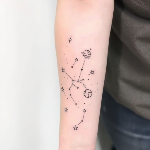 Delicate fine line body tattoo of constellation patterns and celestial bodies scattered across the forearm, created with thin black lines and subtle white ink highlights