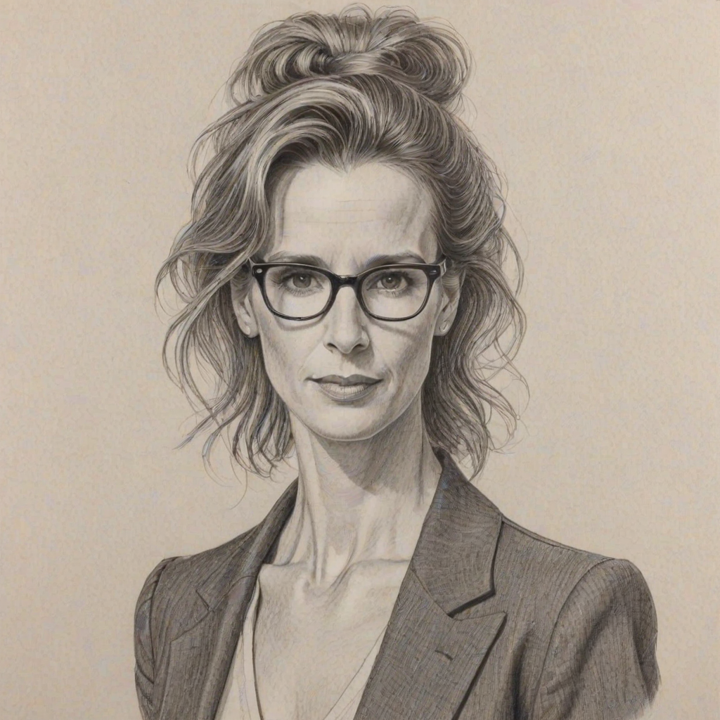Dazzling Rachel Griffiths, pencil sketch, portrait of Fetching woman 1976s in glasses, hair style beatnik, outline, clear lines, fine lines, 8k