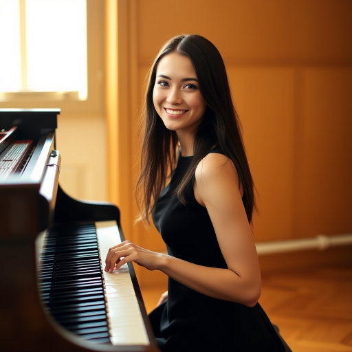 A young woman with long, dark hair smiles at the viewer as she sits at a grand piano, her right hand poised over the keys. The scene is lit by warm, natural light, highlighting the elegant simplicity of the woman's black dress. The perspective is from the side, emphasizing the contrast between the woman's delicate form and the grand scale of the piano. The ivory keys and dark wood of the piano create a striking visual contrast, further emphasized by the rich black of her dress.